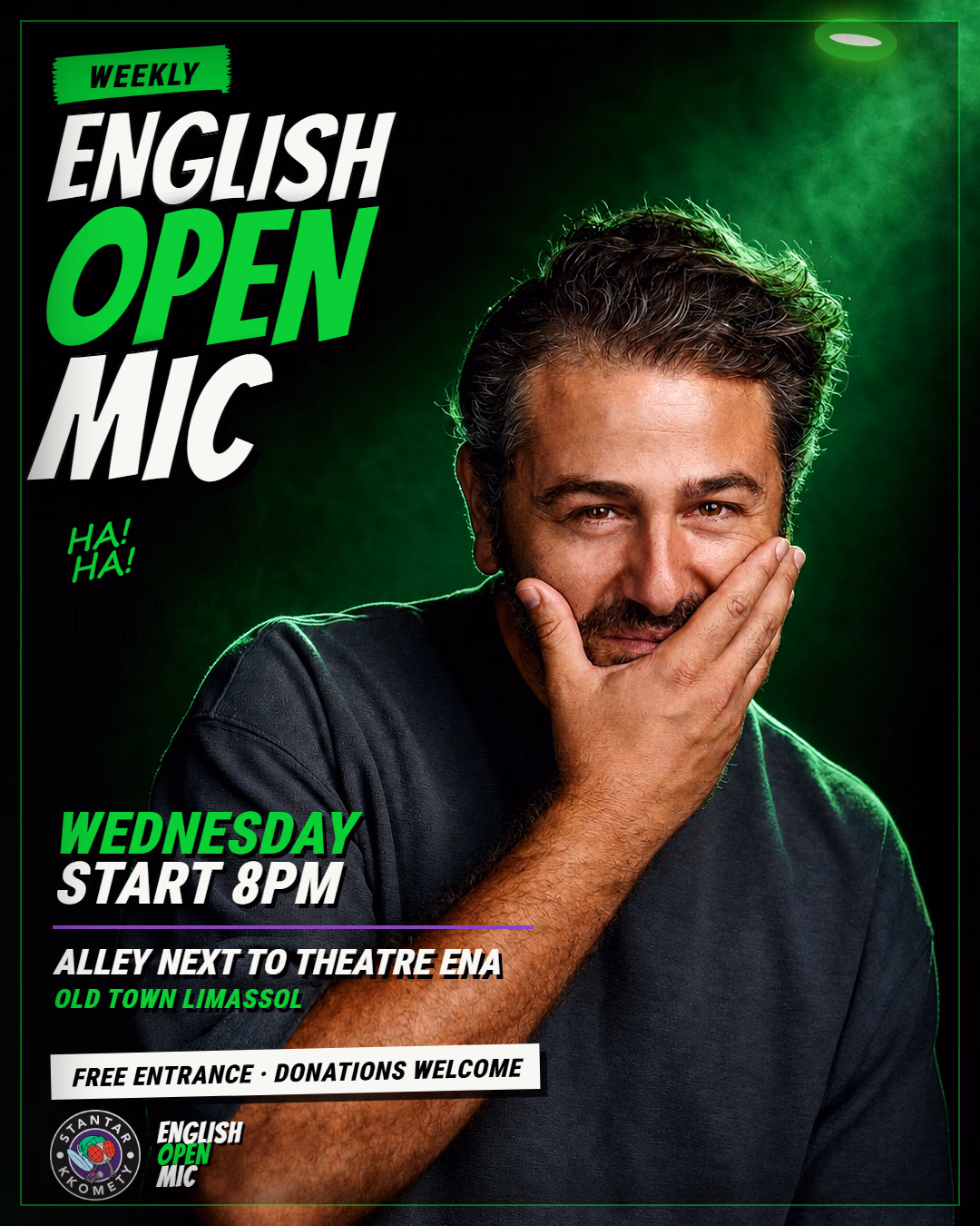 Weekly English Open Mic poster featuring Yorkos under a green spotlight