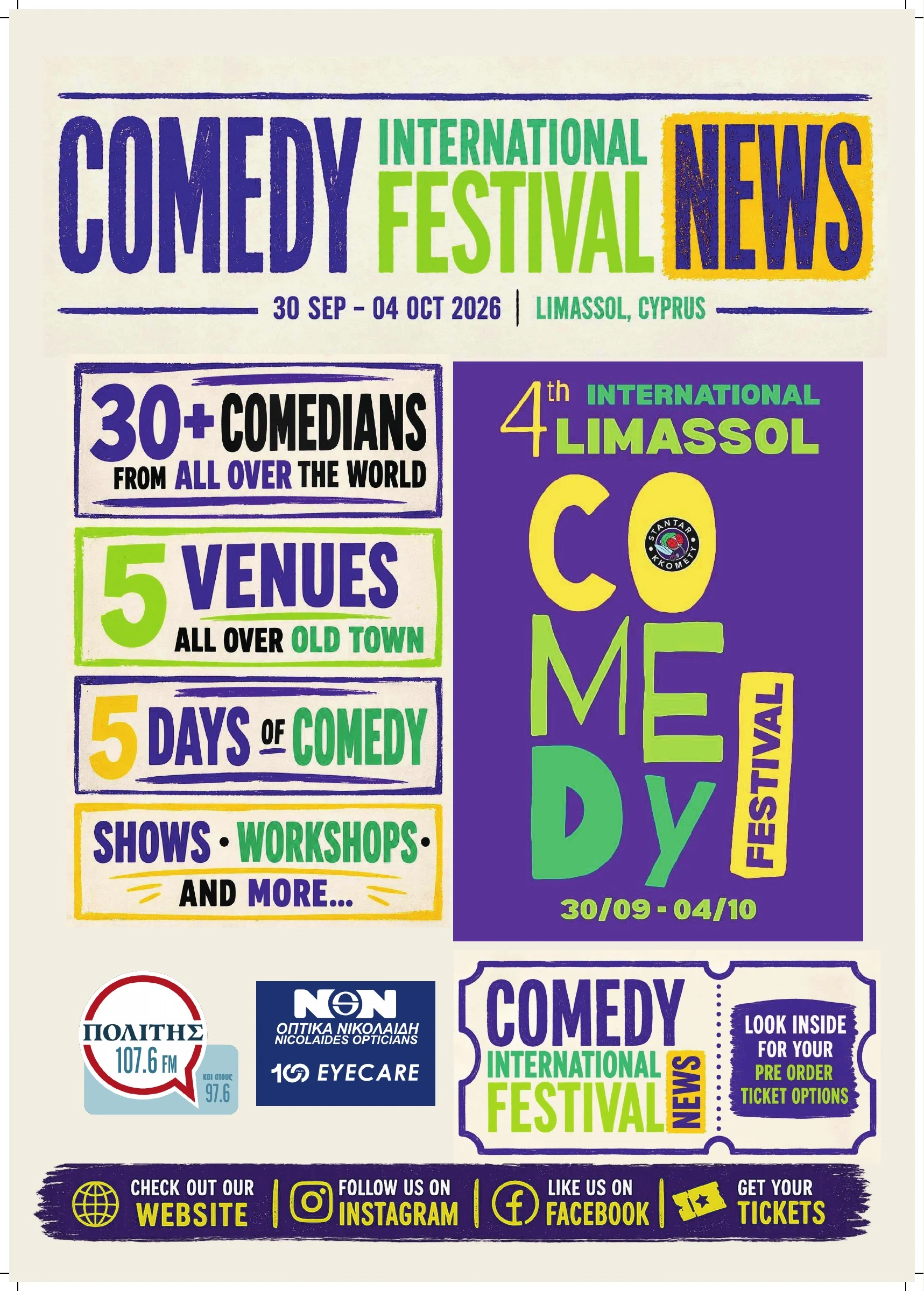 Festival newspaper page 1 of 8. Cover with festival dates, scale, supporters and ticket prompt.