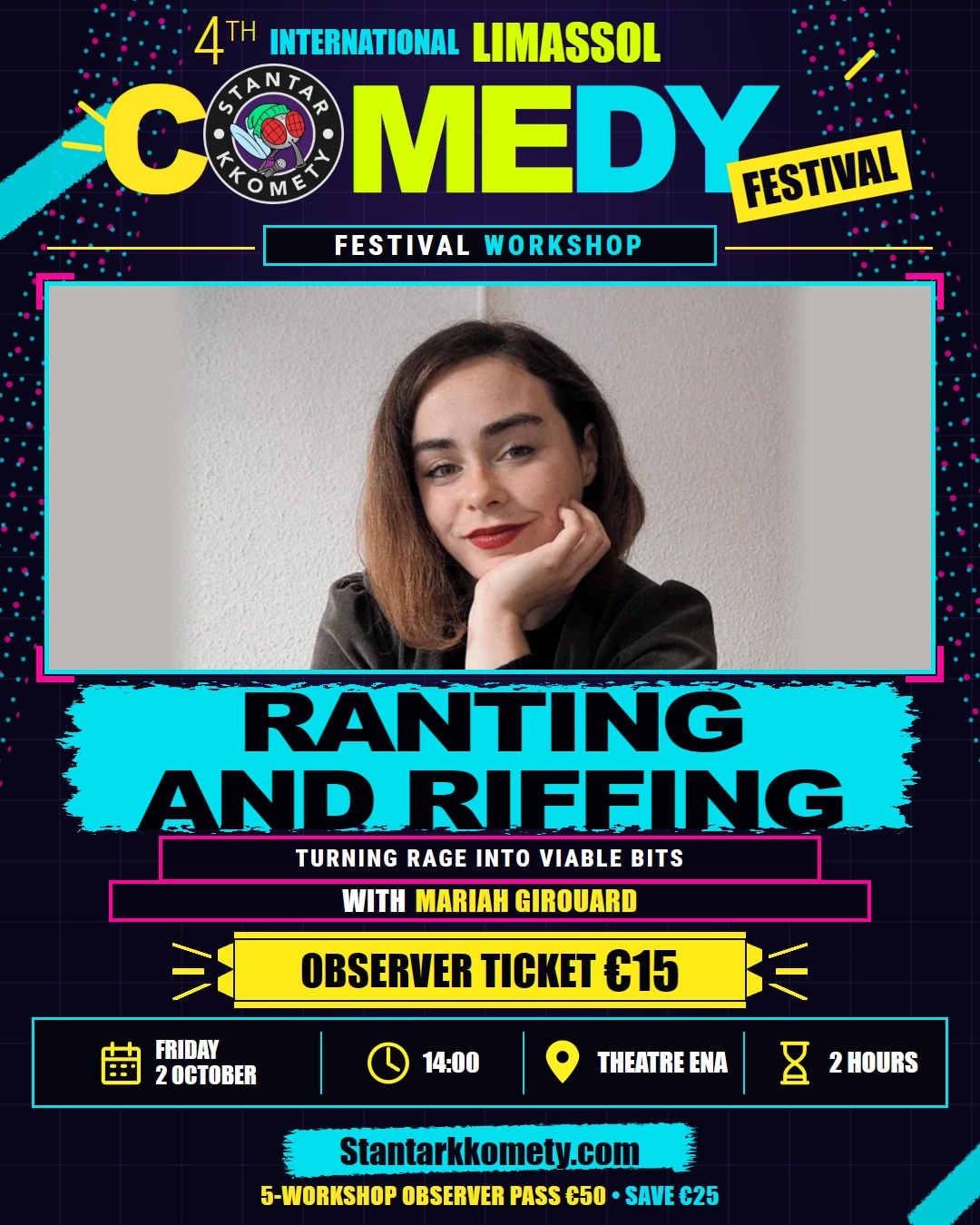 Ranting and Riffing workshop poster with Mariah Girouard, Friday 2 October at 14:00 at Theatre Ena.