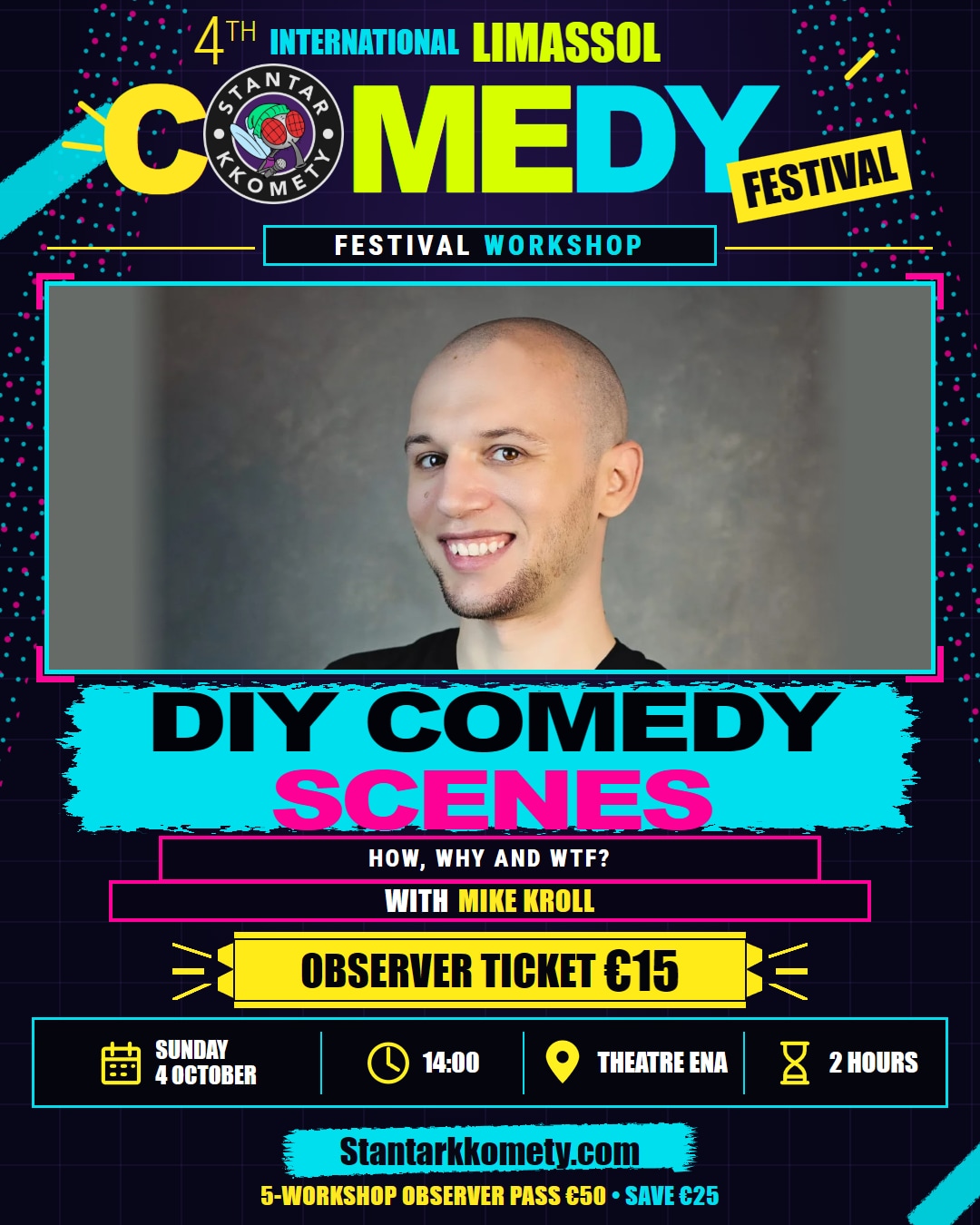 DIY Comedy Scenes workshop poster with Mike Kroll, Sunday 4 October at 14:00 at Theatre Ena.