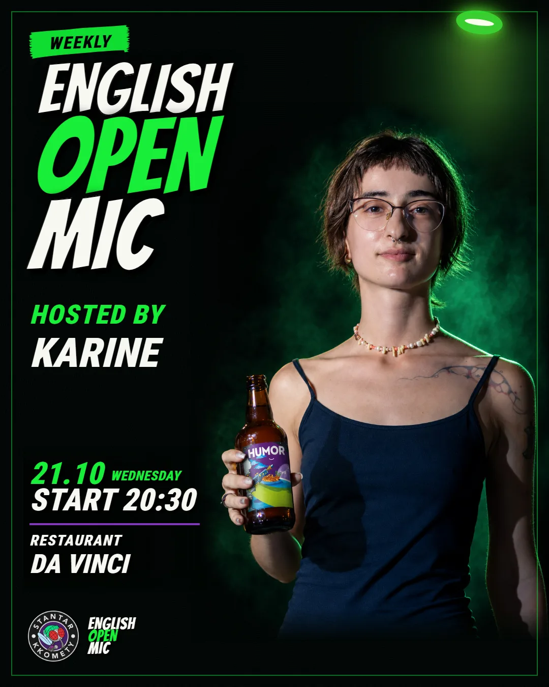 Weekly English Open Mic poster featuring host Karine holding a HUMOR bottle, Wednesday, 21 October 2026 at 20:30, Restaurant Da Vinci.